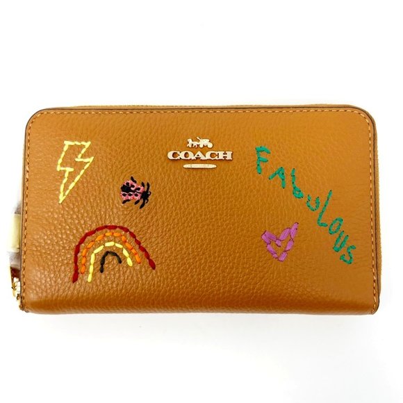 NWT Coach Medium ID Zip Wallet With Diary Embroidery Penny Multi Grained Leather - Picture 1 of 15